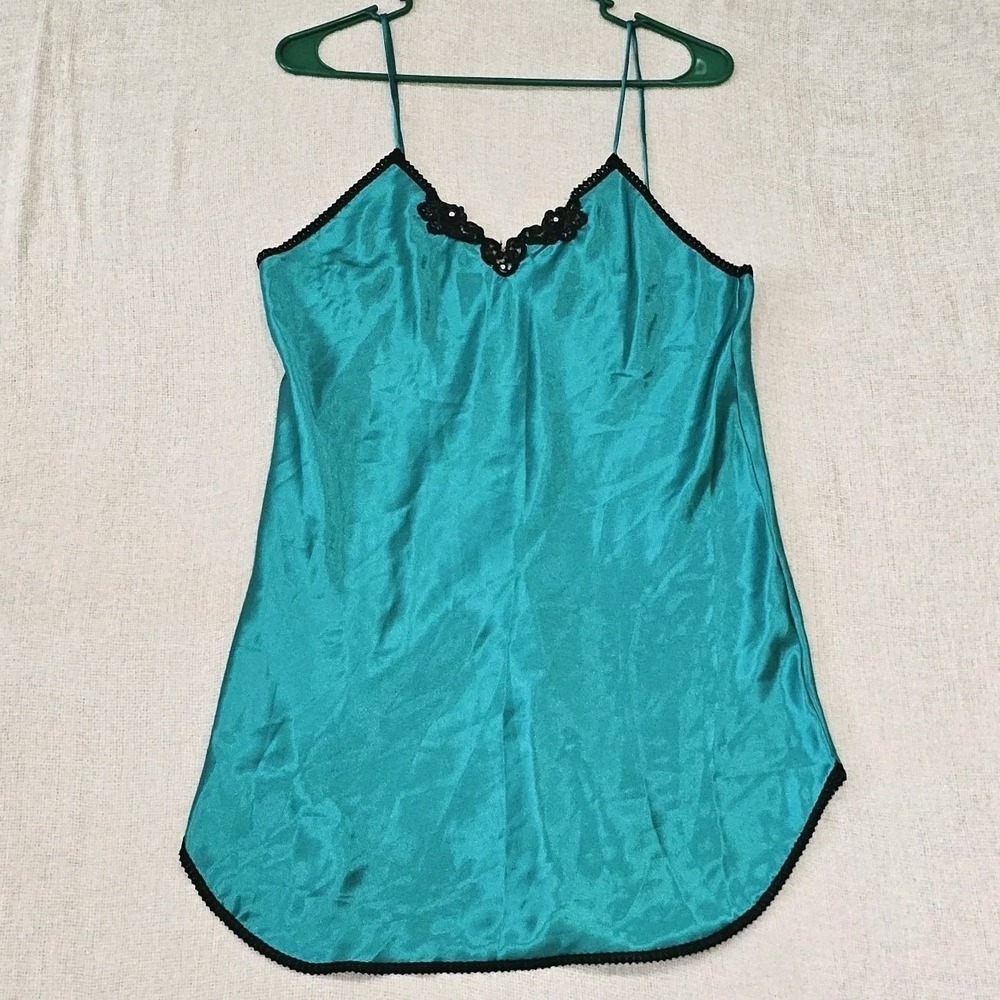 Vintage Inner Most Slip Dress Nightgown Embroidered Romantic Small Green Satin